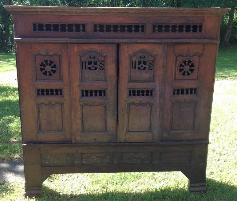 LARGE OAK CABINET FROM CHURCH WITH SLIDING DOORS, (1 of 3)