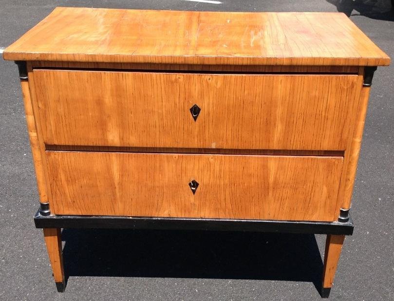 TWO DRAWER BIEDERMEIER CHEST, SOME OF THE GRAIN VENEER: TWO DRAWER BIEDERMEIER CHEST, SOME OF THE GRAIN VENEER IS RAISED, 35" X 19.5" X 29" HEIGHT