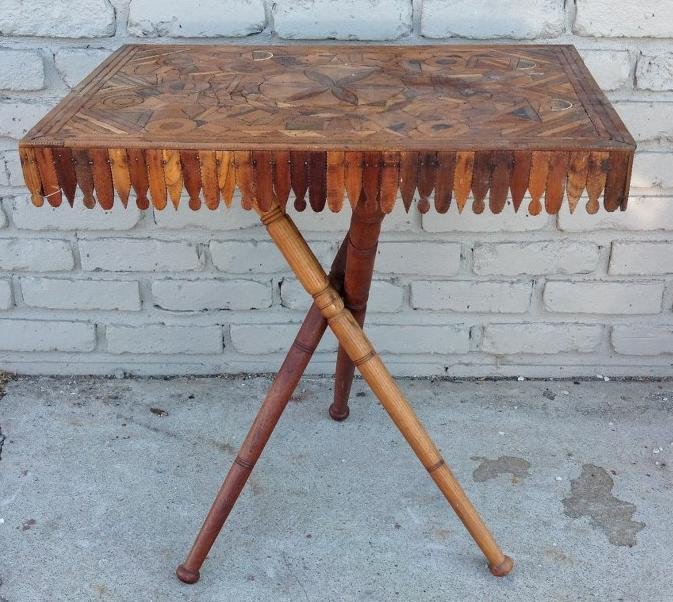 FOLK ART STAND WITH INLAY, TOP INLAID 'CRAZY STAND'; (1 of 3)