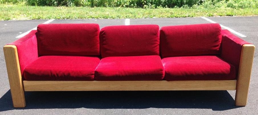 KNOLL MID-CENTURY OAK FRAME SOFA WITH RED VELOUR (1 of 2)