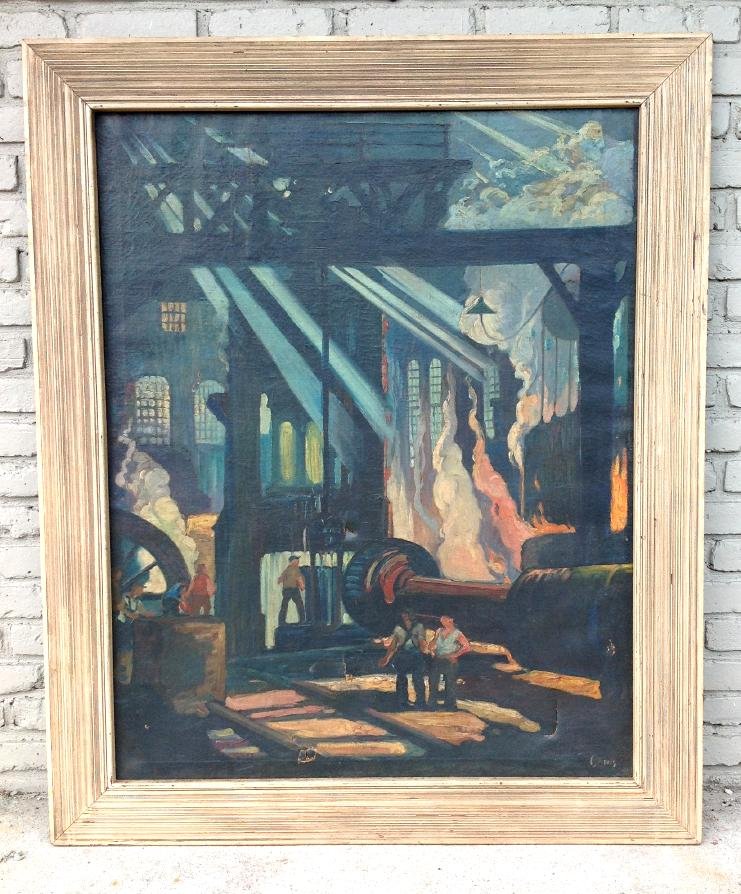 GEORGE P. ENNIS, O/C INDUSTRIAL STEEL FACTORY: GEORGE P. ENNIS, O/C INDUSTRIAL STEEL FACTORY (BROOKLYN, NY), TITLED "FORGING A GUN TUBE #1", CIRCA 1920'S, IN ORIGINAL PERIOD FRAME; PAINTING 46" X 37" (FEW SMALL TEARS TO CANVAS) SIGNED LOWER RIGHT,