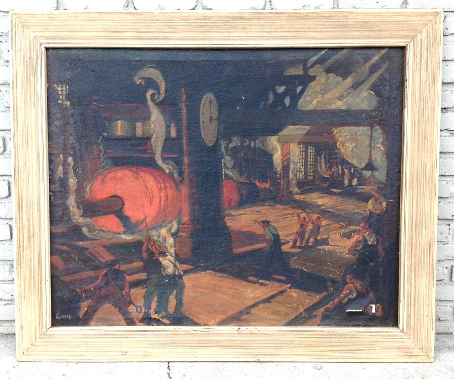 GEORGE P. ENNIS, O/C INDUSTRIAL STEEL FACTORY: GEORGE P. ENNIS, O/C INDUSTRIAL STEEL FACTORY (BROOKLYN, NY), TITLED "FORGING A GUN TUBE #2", CIRCA 1920'S, IN ORIGINAL PERIOD FRAME; PAINTING 36" X 46" (FEW SMALL TEARS TO CANVAS/PAINT FLAKING) SIGNE