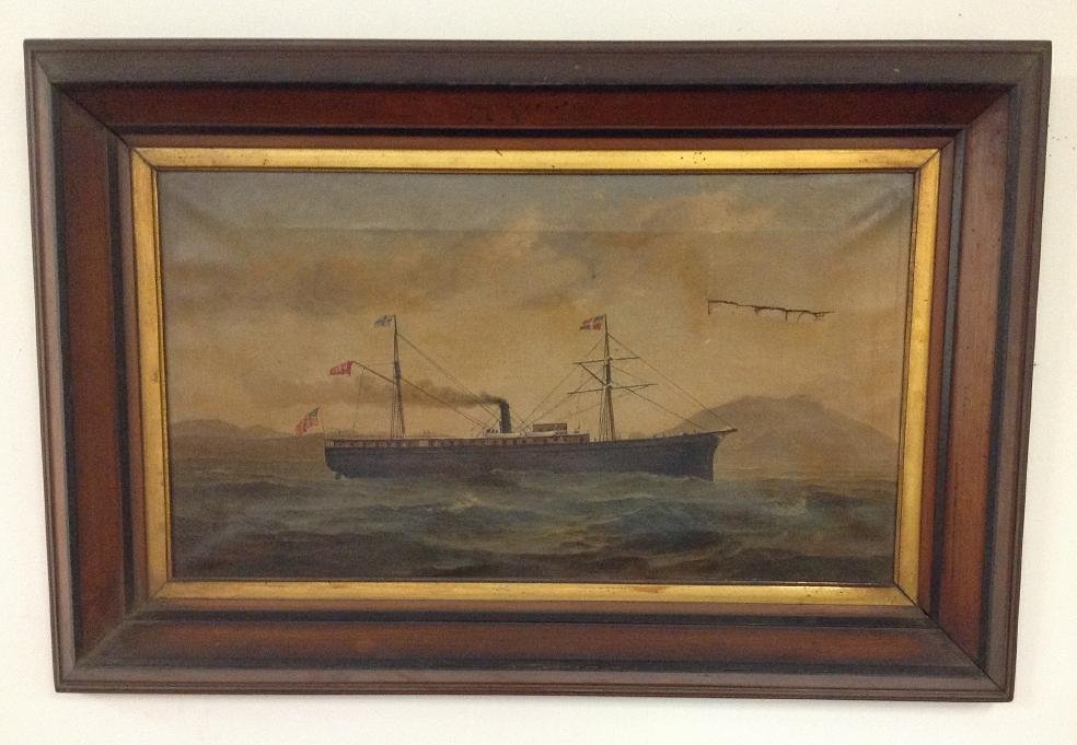 19TH CENTURY O/C SHIP, SIGNED ILLEGIBLY ( LOWER RIGHT) (1 of 3)