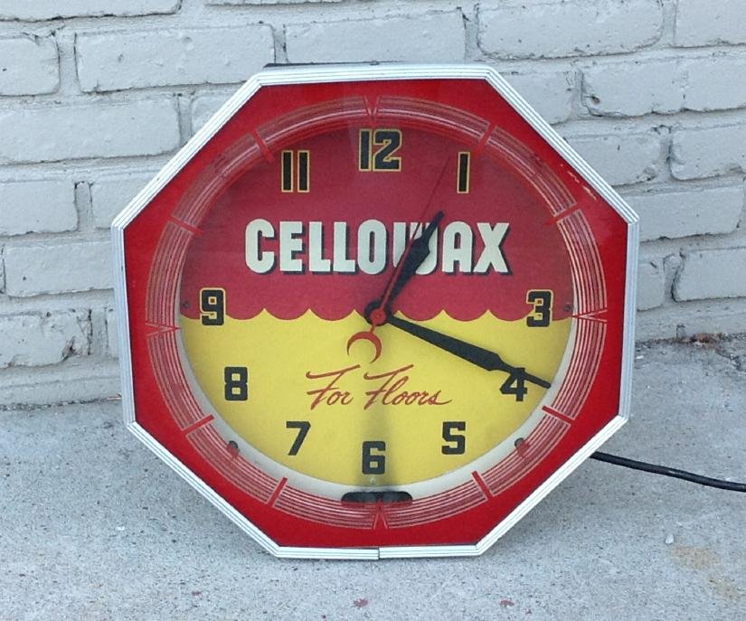 CELLOWAX 1930'S NEON ADVERTISING CLOCK MEASURES 18 1/2" (1 of 3)
