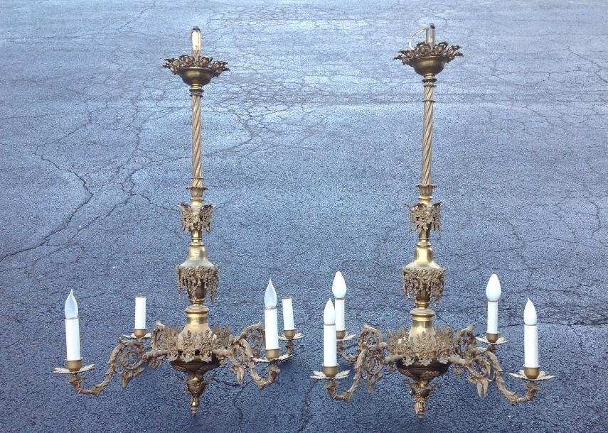 40" PAIR OF VICTORIAN IRON & BRASS CHANDOLIERS FROM (1 of 8)