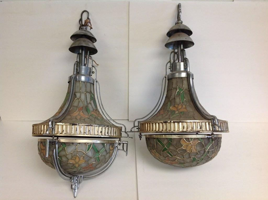 PAIR OF DECO LEADED GLASS HANGING LIGHTS, LIGHT (1 of 2)