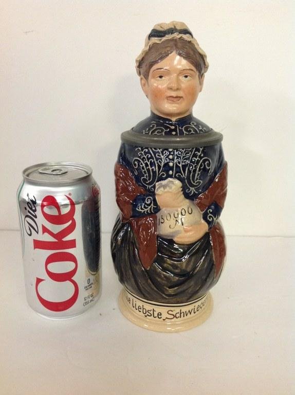 GERMAN FIGURAL WOMAN STEIN, SIGNED ON BOTTOM GESCHUTZT, (1 of 5)