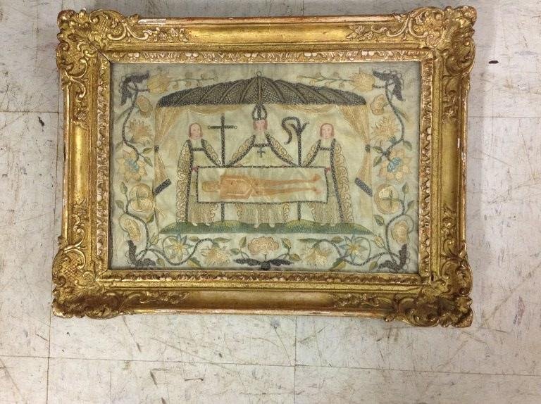 18TH C. SAINT SUAIRE EMBROIDERY, FRAME MEASURES 14" X (1 of 1)
