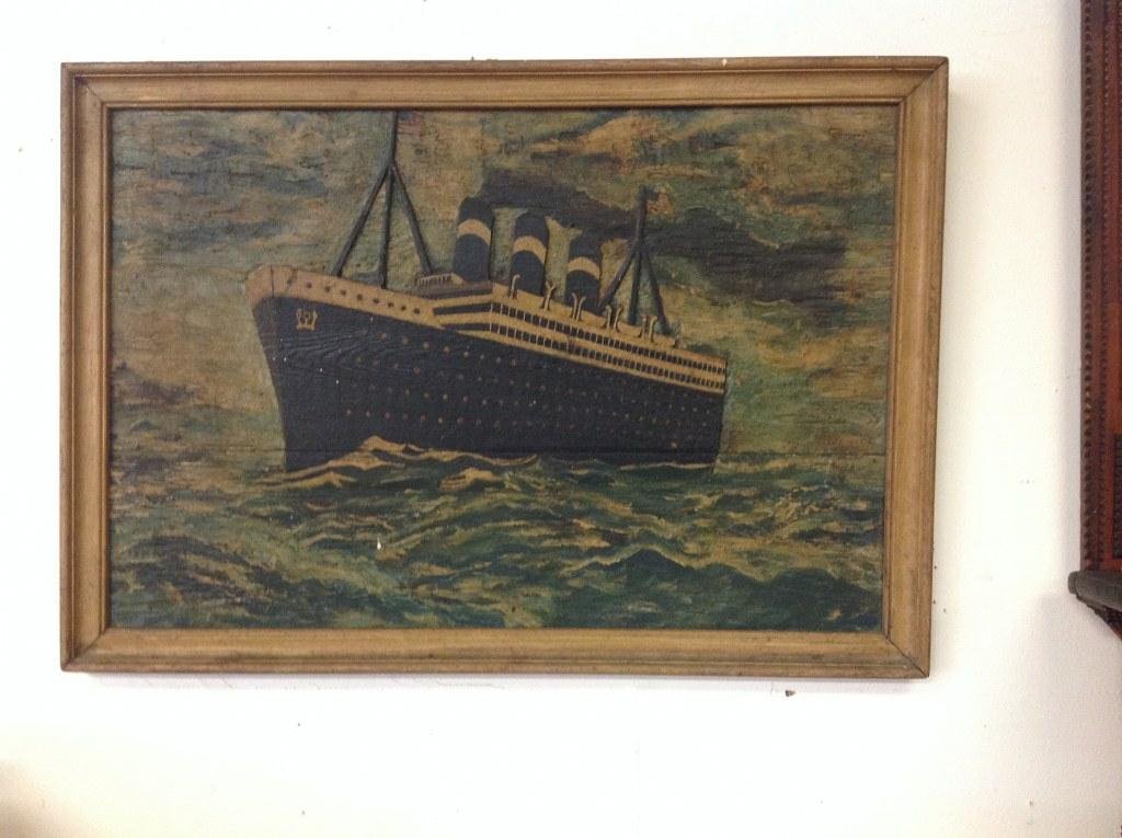 FOLK ART CARVED SHIP ON BOARD, HAS US FLAGS, CIRCA: FOLK ART CARVED SHIP ON BOARD, HAS US FLAGS, CIRCA 1900, UNSIGNED, BOARD MEASURES 18" X 26", FROM BROOKLYN NEW YORK ESTATE, AS PICTURED