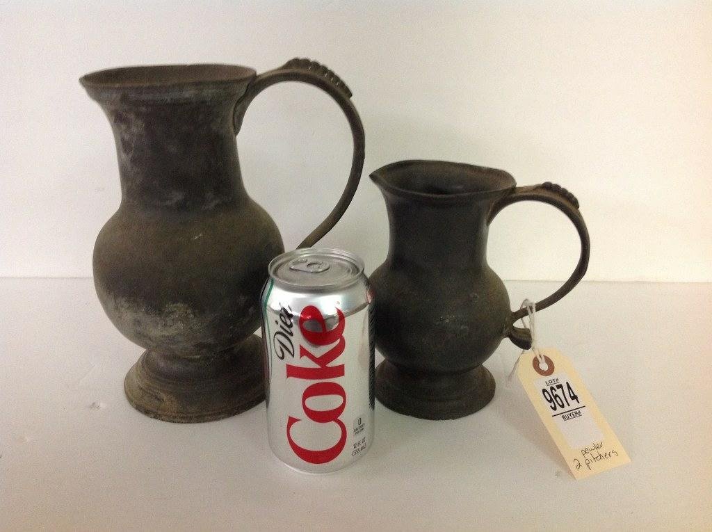 2 18TH C. PEWTER PITCHERS, LARGER ONE IS 8 1/2" HIGH, (1 of 3)