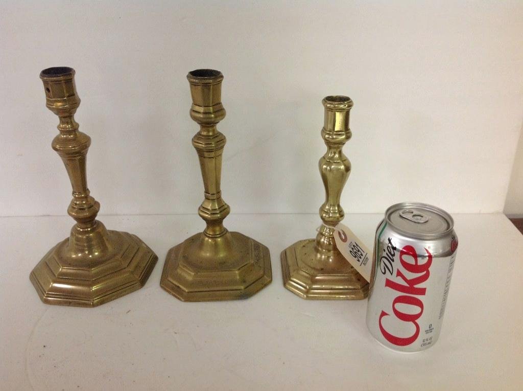 3 MID 18TH C. FRENCH BRASS CANDLESTICKS, THEY MEASURE 8 (1 of 1)