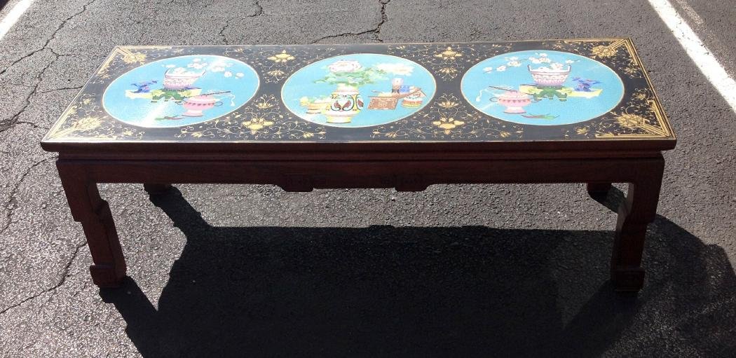 ASIAN COFFEE TABLE W/3 CLOISONNE CHARGERS ON TOP, THEY (1 of 7)