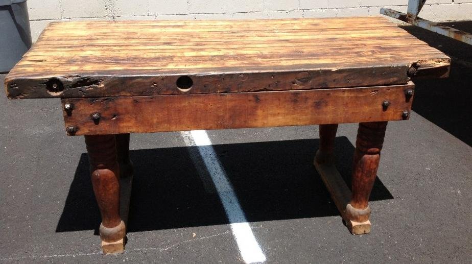 EARLY BUTCHER BLOCK TABLE WITH NICE PATINA AND WEAR, (1 of 5)