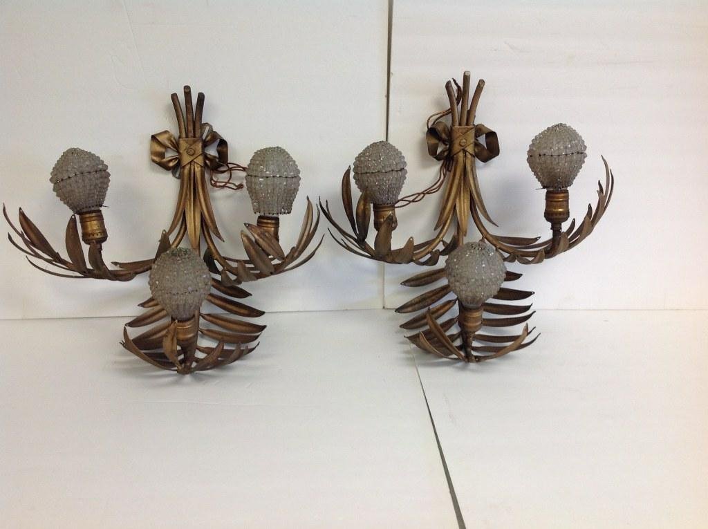 PR OF DECORATIVE PALM FROND GILT WALL SCONCES W/GLASS (1 of 1)