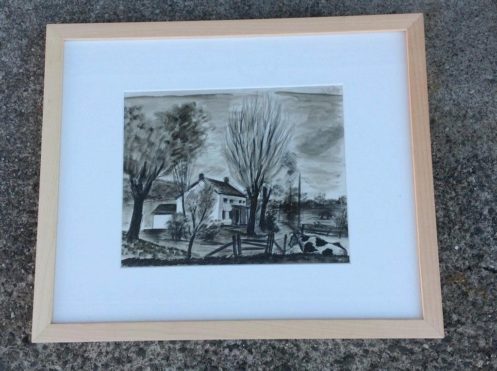 KONRAD CRAMER W/C FARMHOUSE WITH COW, ESTATE STAMP: KONRAD CRAMER W/C FARMHOUSE WITH COW, ESTATE STAMP VERSO. MEASURES 9" X 11". NICELY FRAMED AND MATTED, FROM WOODSTOCK, NEW YORK COLLECTION WE HAVE BEEN SELLING.