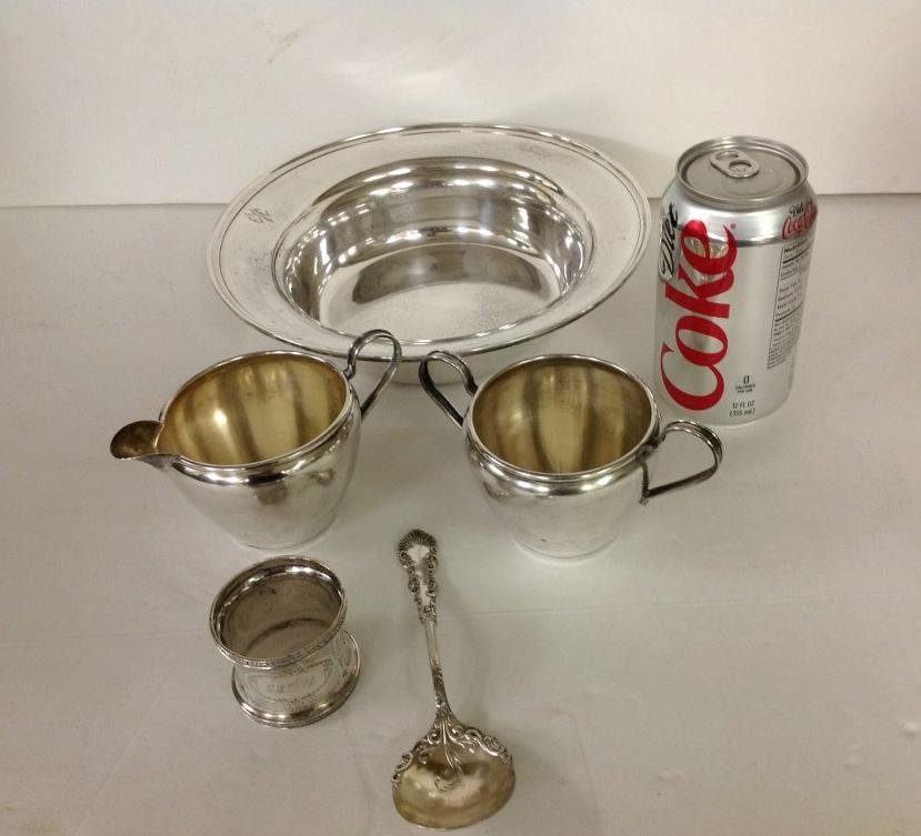 LOT OF ESTATE STERLING SILVER, WEIGHS 15.09 TROY: LOT OF ESTATE STERLING SILVER, WEIGHS 15.09 TROY OUNCES, INCLUDES BOWL, SUGAR, CREAMER, SOUP SPOON AND UNMARKED NAPKIN RING, AS PICTURED