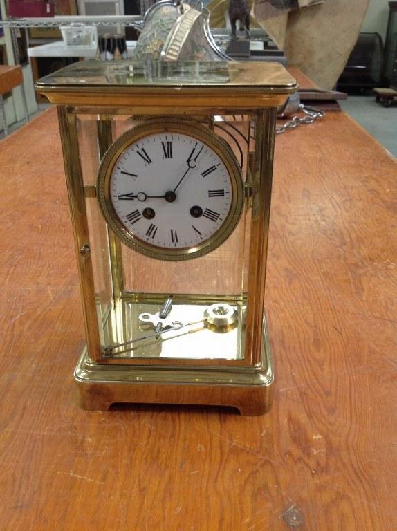 CONTINENTAL BRASS REGULATOR CLOCK W/PENDULUM AND KEY, (1 of 3)