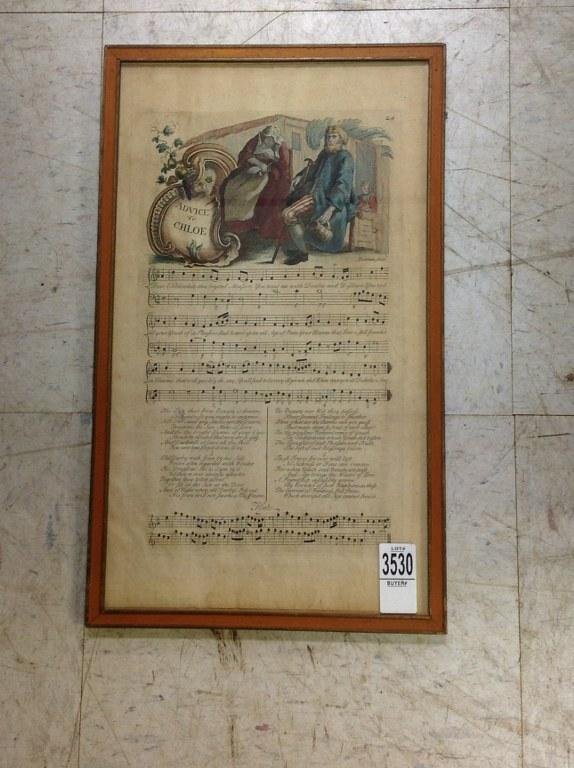 18TH C. HAND COLORED MUSICAL ENGRAVING, TITLED ADVICE (1 of 3)