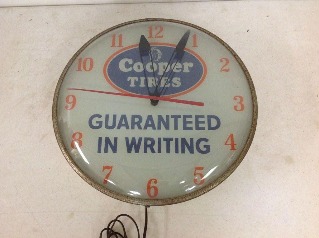 1950'S COOPER TIRES ADVERTISING CLOCK, CURVED GLASS, (1 of 4)