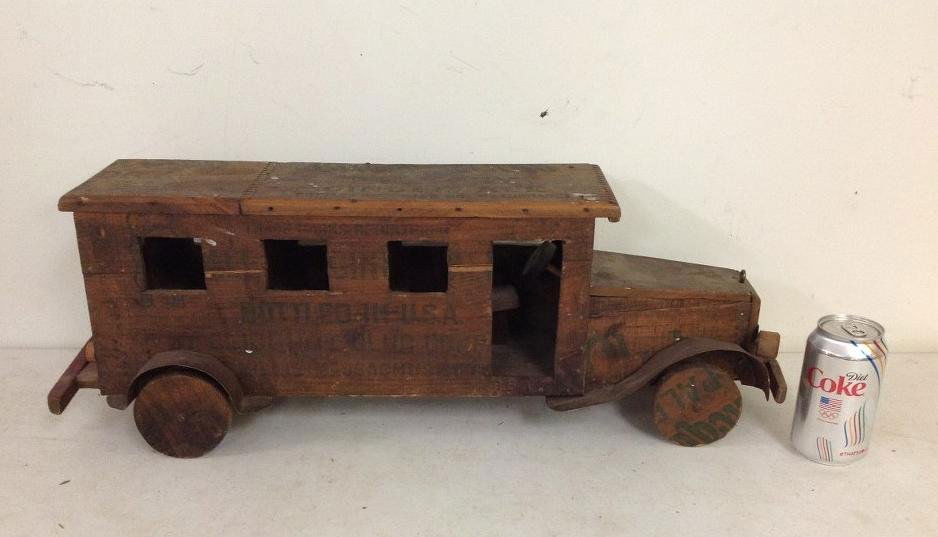 FOLK ART TOY VEHICLE MADE FROM OLD CRATE, HAS TIN (1 of 3)
