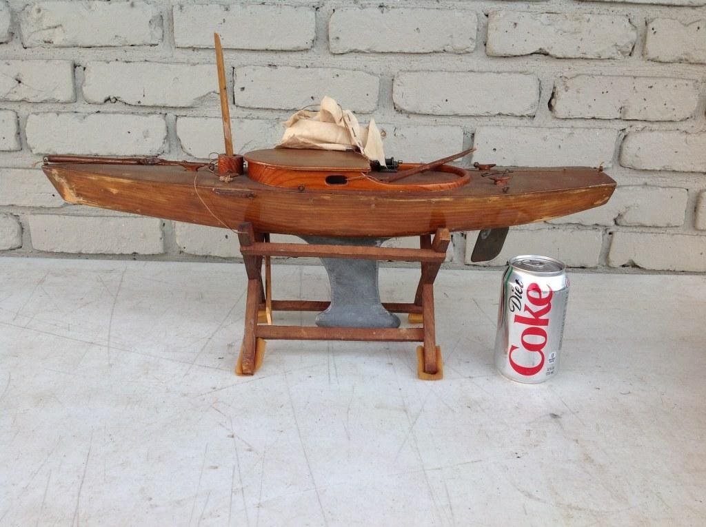 OLD POND BOAT W/LEAD WEIGHTED BASE, MEASURES 22 1/2": OLD POND BOAT W/LEAD WEIGHTED BASE, MEASURES 22 1/2" LONG, FROM OLD BROOKLYN NEW YORK ESTATE, AS FOUND CONDITION WITH MANY YEARS OF DUST, AS PICTURED