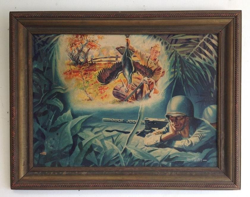 BERT YATES WWII ILLUSTRATION GOUACHE & W/C ON BOARD,: BERT YATES WWII ILLUSTRATION GOUACHE & W/C ON BOARD, PAINTING MEASURES 20" X 25", FLAKE OFF LOWER LEFT CORNER, AS PICTURED