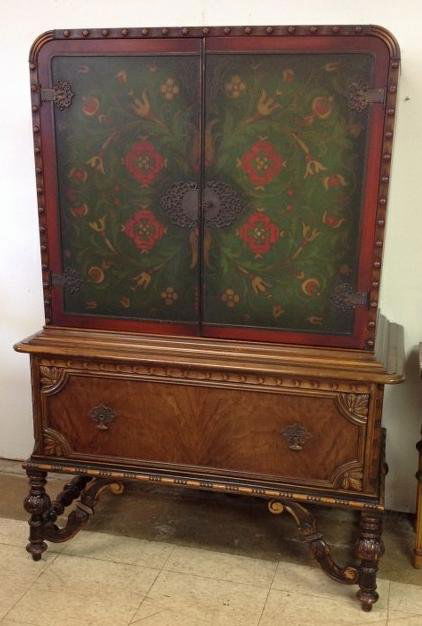 1920'S 2 DOOR CHIFFEROBE W/DECORATIVE PAINTED DOORS, (1 of 3)