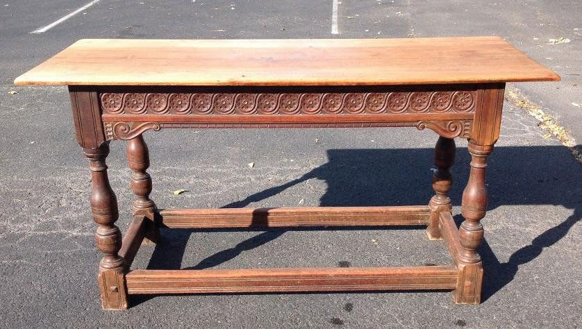EARLY CARVED LIBRARY TABLE W/CARVED APRON AND STRETCHER (1 of 5)