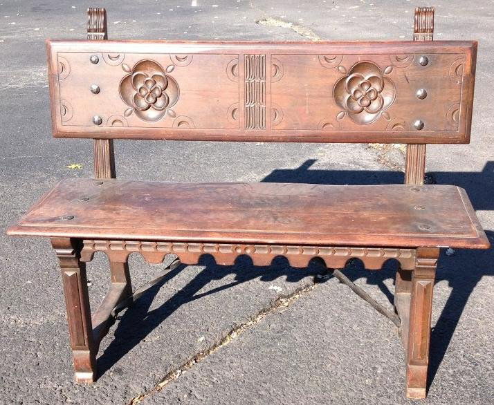 EARLY CARVED WALNUT BENCH WITH IRON HAND FORGED (1 of 5)