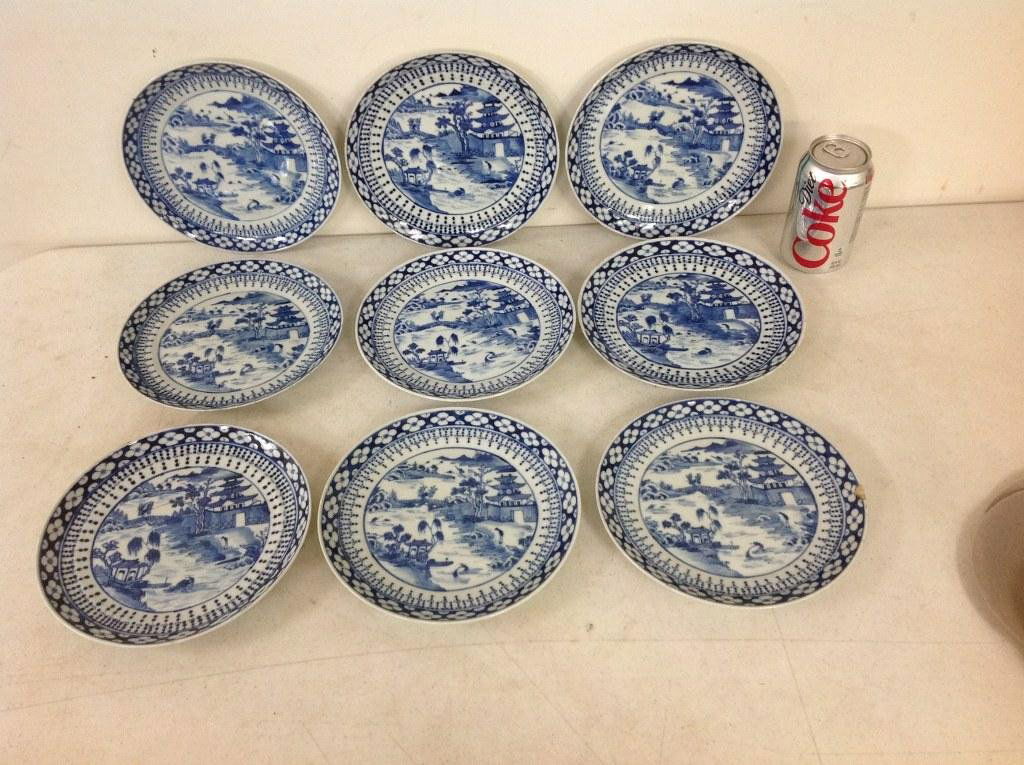 9 EARLY BLUE & WHITE ASIAN PLATES, MARKED ON BOTTOM AS (1 of 4)