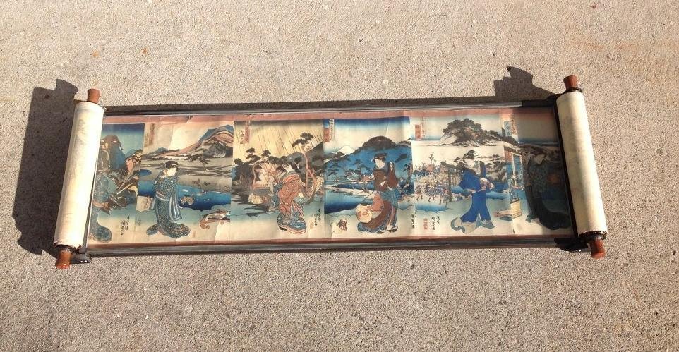 28 HIROSHIGE WOODBLOCK PRINTS (BASED ON FIFTY THREE: 28 HIROSHIGE WOODBLOCK PRINTS (BASED ON FIFTY THREE STATIONS OF THE TOKAIDO), CHUBAN SIZE (9 5/7"), 180" LONG, EARLY 19TH CENTURY, CONDITION GOOD OVERALL, A FEW SMALL BORDER TEARS, TRIMMED AND MOUNTED