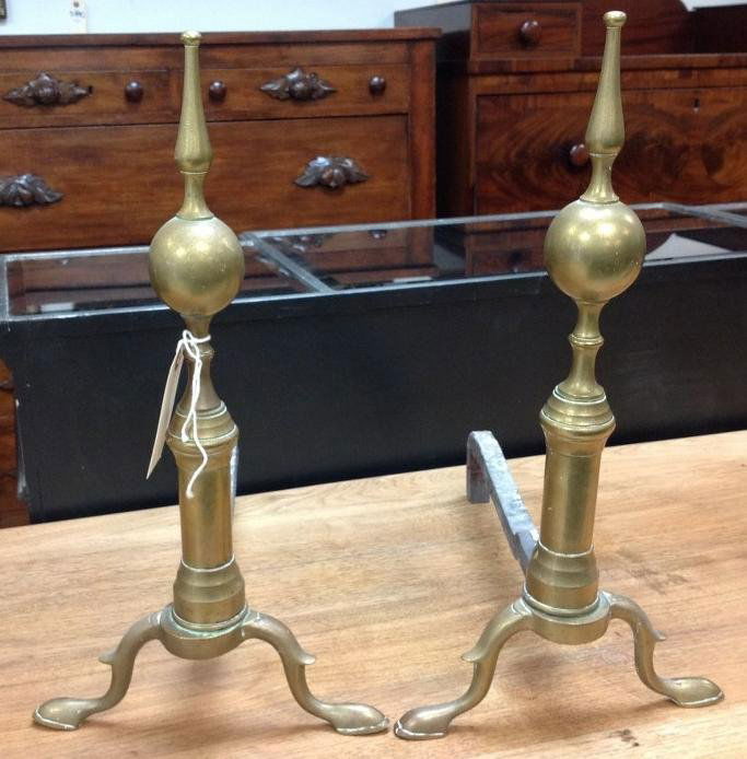 PR EARLY BRASS ANDIRONS FROM HUDSON VALLEY ESTATE, (1 of 2)