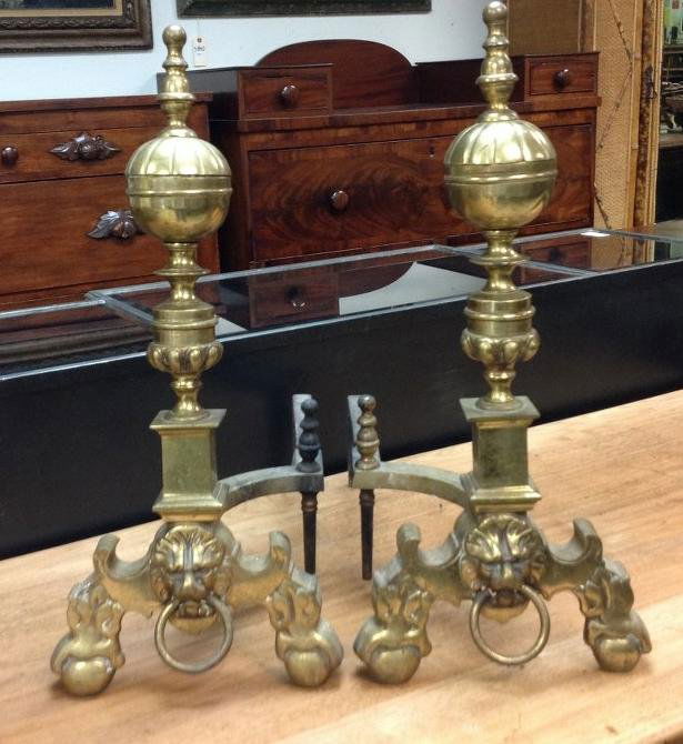 PR EARLY BRASS ANDIRONS W/LION HEADS FROM HUDSON VALLEY (1 of 2)