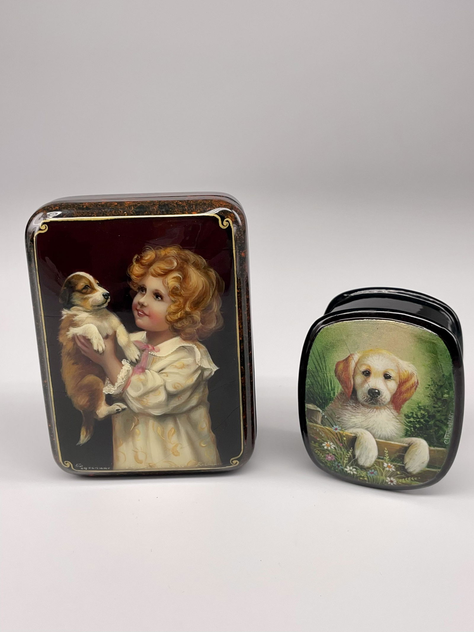 Two Russian Lacquer Boxes Puppy and Girl (1 of 6)