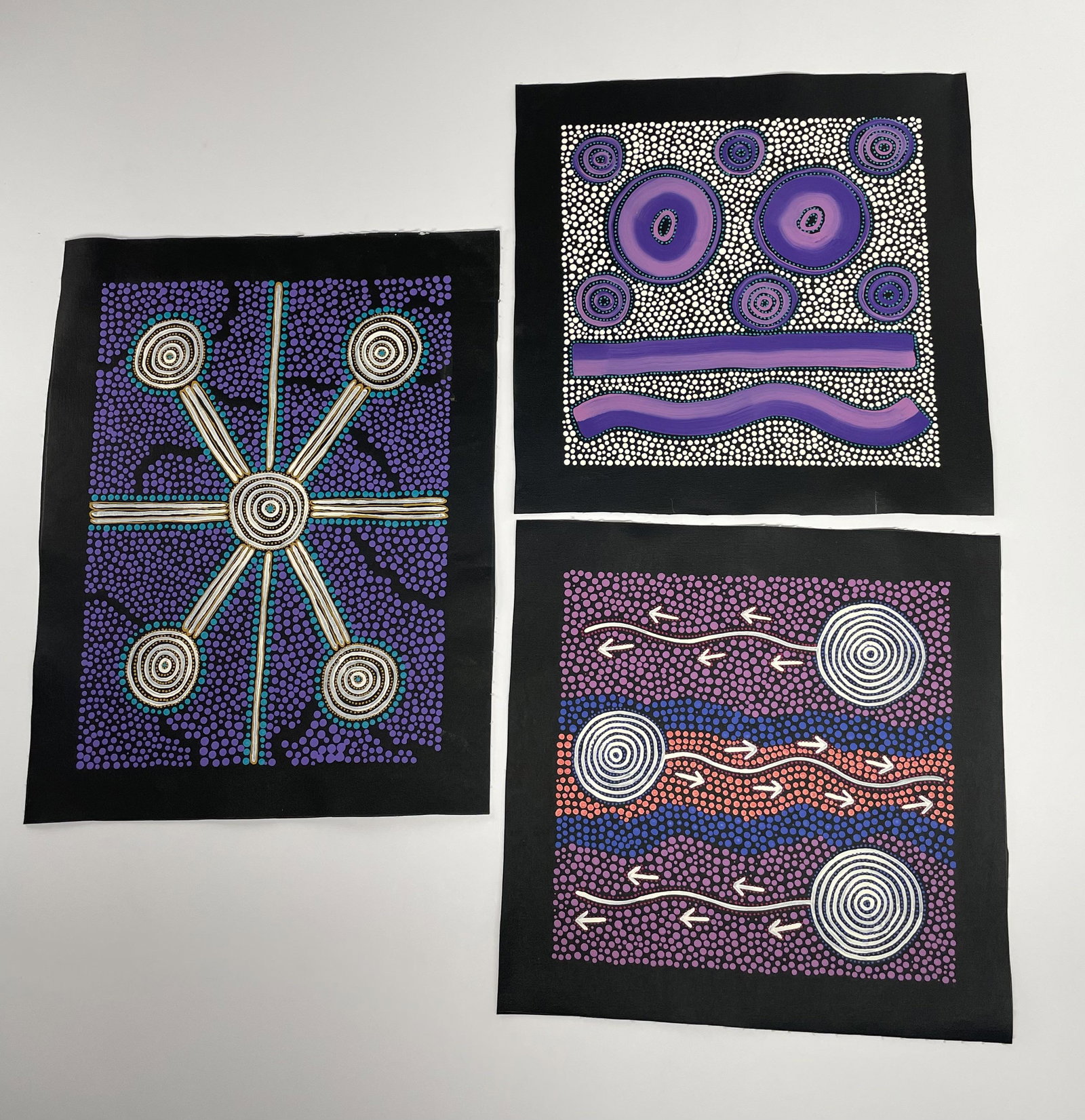 Three Raymond Walters Japanangka Aboriginal Paintings: Group of three. Artist: Raymond Walters Japanangka (Australian (Aboriginal), b. 1975) Signed and titled verso, â€œEmu Dreaming”, dated 2015. Medium: Acrylic on linen Each unframed, comes wit