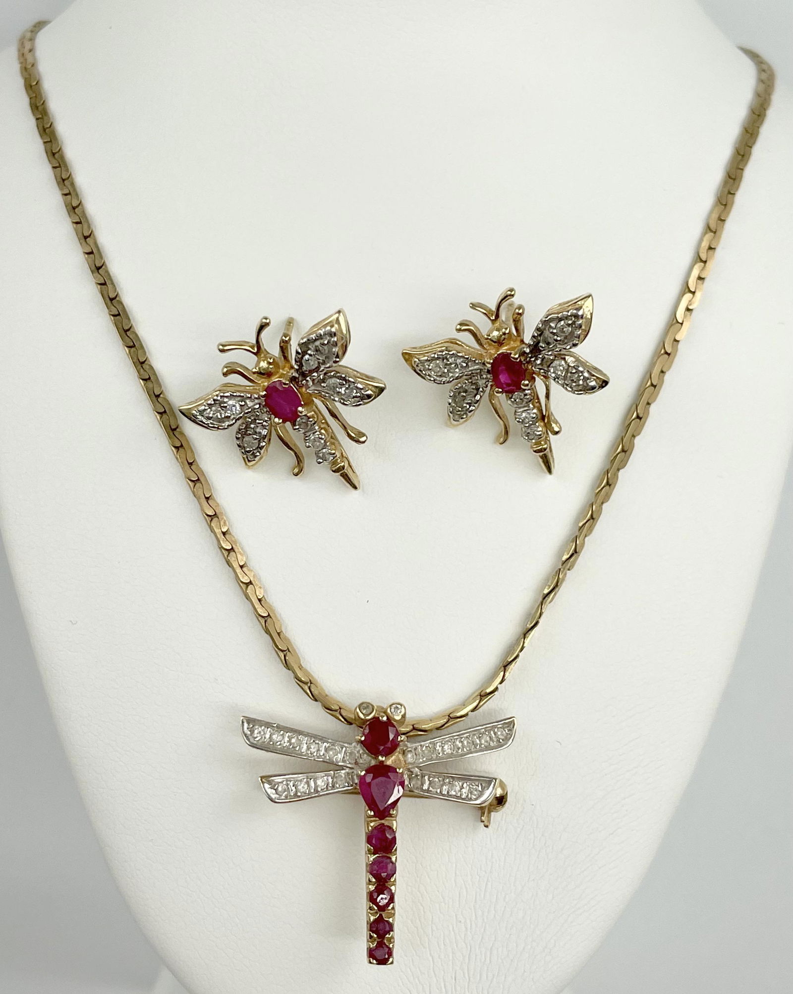 A Gold Ruby Dragonfly Necklace and Earrings Set (1 of 3)