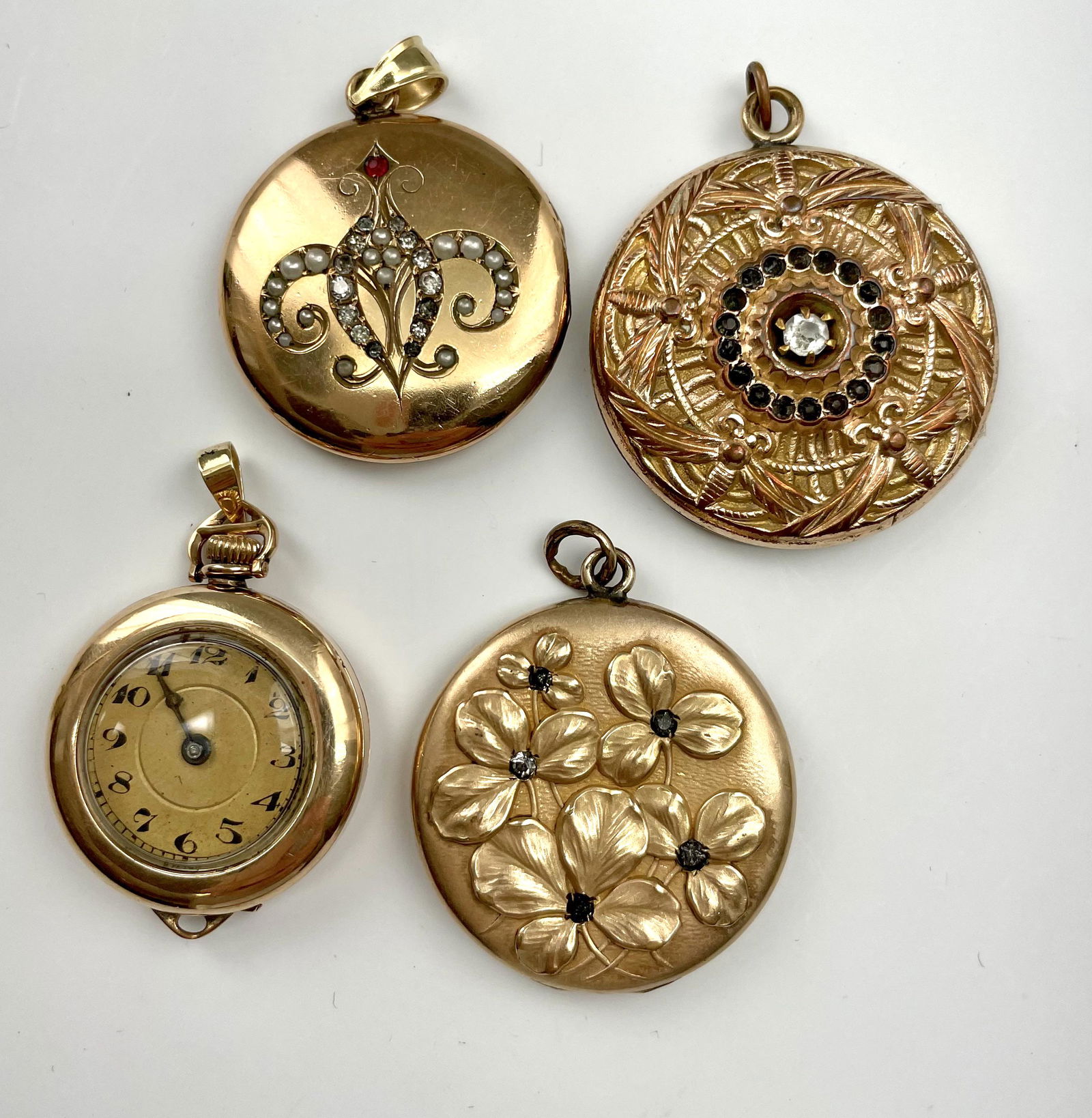 Lot of 4 Art Nouveau Deco Gold Plated Lockets Chatelaine Watch (1 of 10)