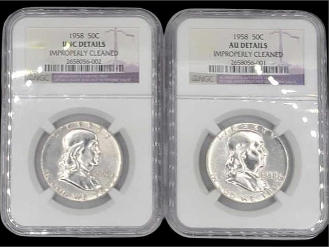 Two 1958 U.S. Franklin Half Dollars NGC Graded - Cleaned (1 of 6)