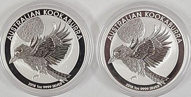 Two 2018 Australian Kookaburra 1 Oz. Fine Silver Bullion Coins (1 of 5)
