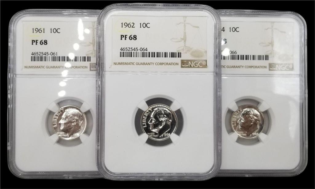 Three U.S. Silver Roosevelt Dimes Graded NGC PF68 (1 of 2)