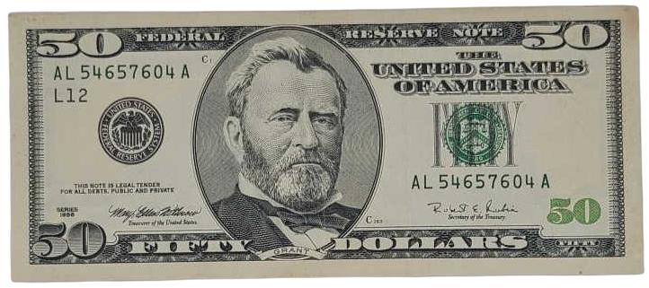 U.S. Series 1996 50 Dollar Federal Reserve Note: United States series 1996 50 Dollar Federal Reserve Note. Bright and crisp bill. 156mm by 66mm. Our Shipper processes shipments via Shipping Saint. They charge a $6 per lot flat handling fee (plus $3