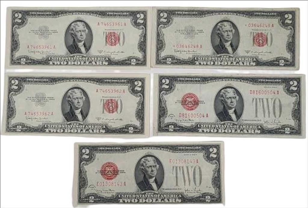 Five U.S. Two Dollar Red Seal Notes Including Star Note (1 of 11)