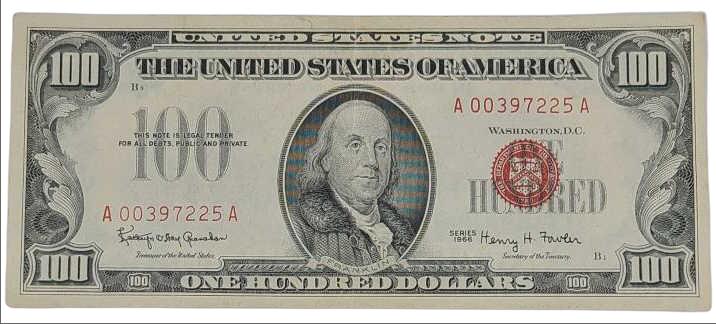 U.S. Series 1966 One Hundred Dollar Red Seal Note (1 of 7)