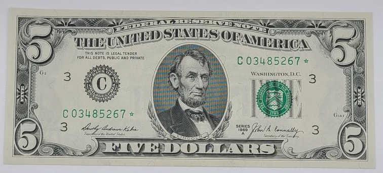 U.S. Series 1969 A Five Dollar Federal Reserve *STAR* Note (1 of 6)
