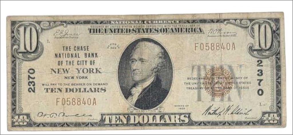 U.S. 1929 Chase Bank of New York 10 Dollar National Currency Note (1 of 7)