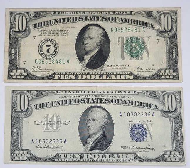 Two U.S. Ten Dollar Currency Notes - Silver Certificate and Reserve Note (1 of 9)