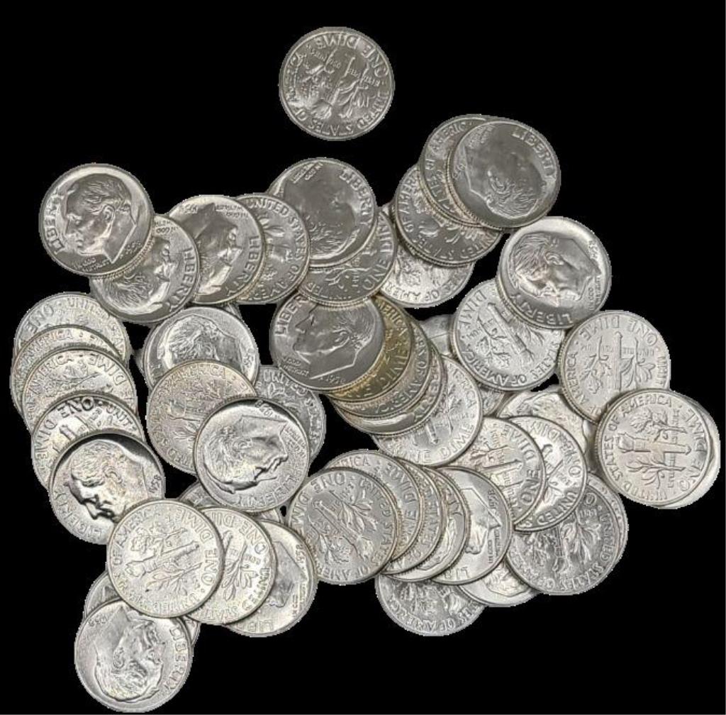 50 Brilliant Uncirculated 1958 U.S. Silver Dimes (1 of 6)