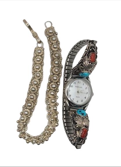 Southwestern Style Silver Bracelet and Navajo Quartz Watch (1 of 9)