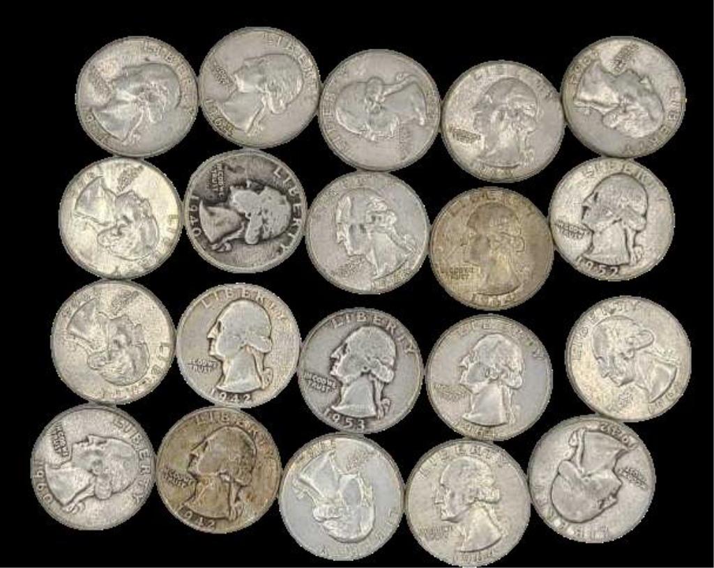20 Well Circulated U.S. Washington Silver Quarters (1 of 12)