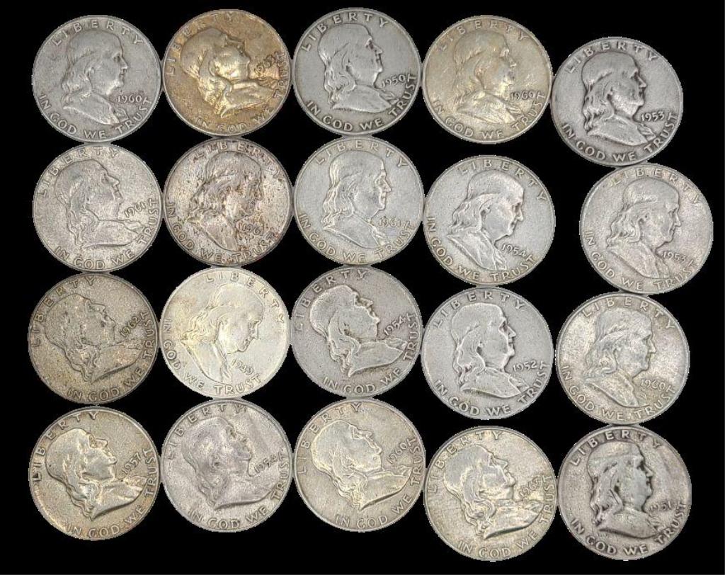 20 Circulated U.S. Franklin Silver Half Dollars (1 of 12)